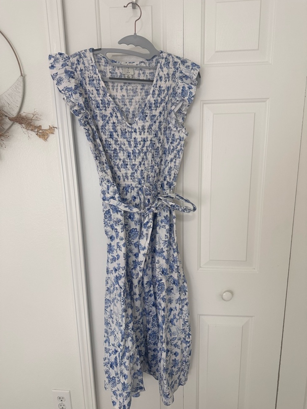 Joie Blue and White Floral Smocked Midi Dress.